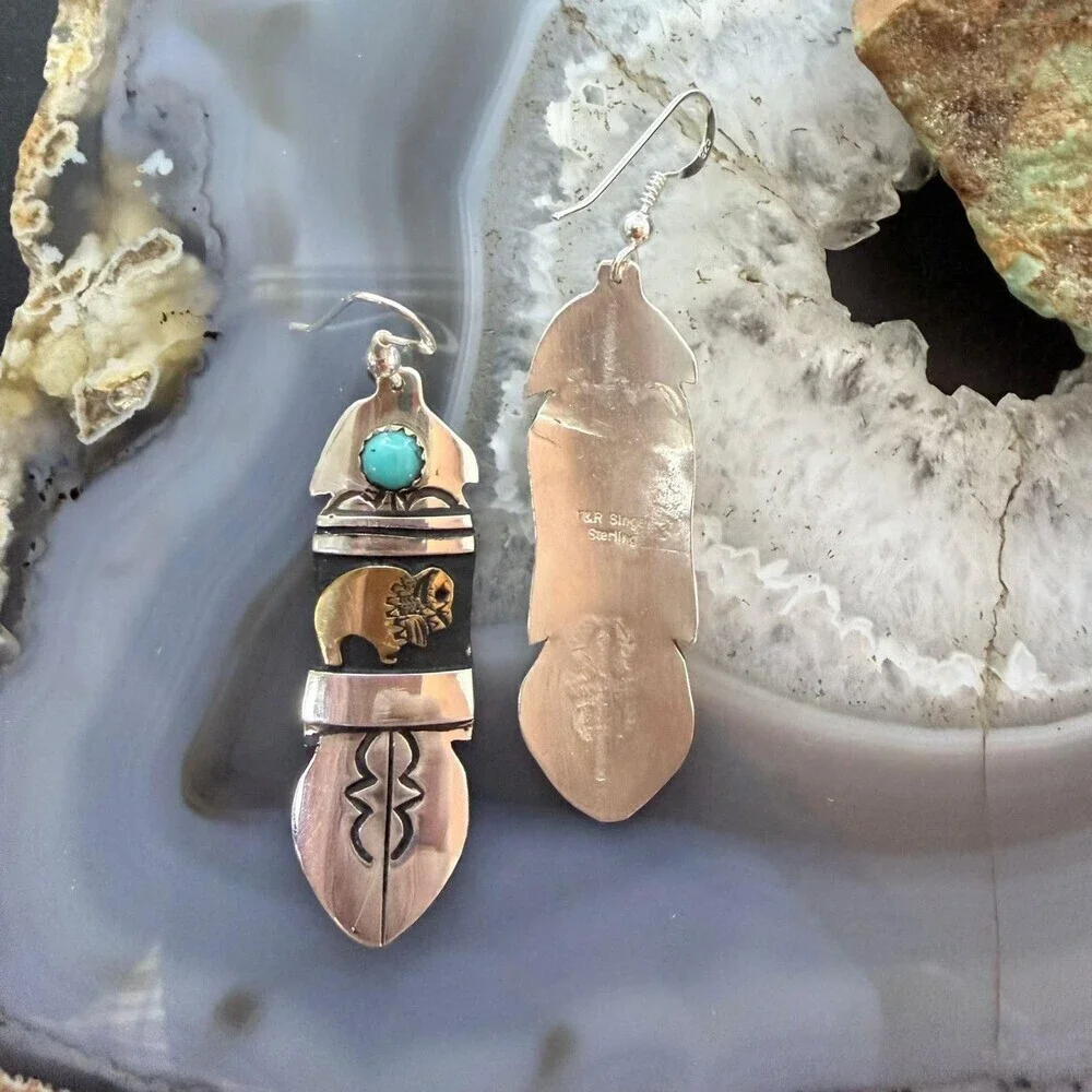 Tommy & Rosita Singer Sterling Silver & GF Bison w/Turquoise Dot Dangle Earrings